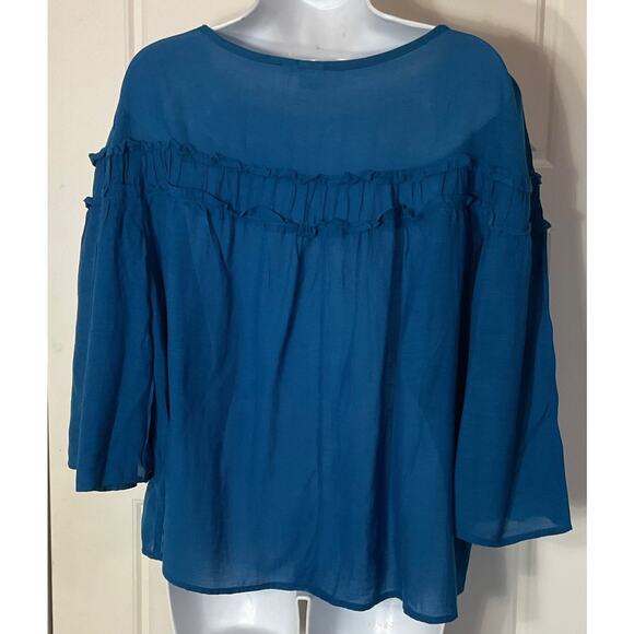 Gap Blue Ruffle Pull Over 3/4 Sleeve Lightweight Top L - Picture 2 of 5